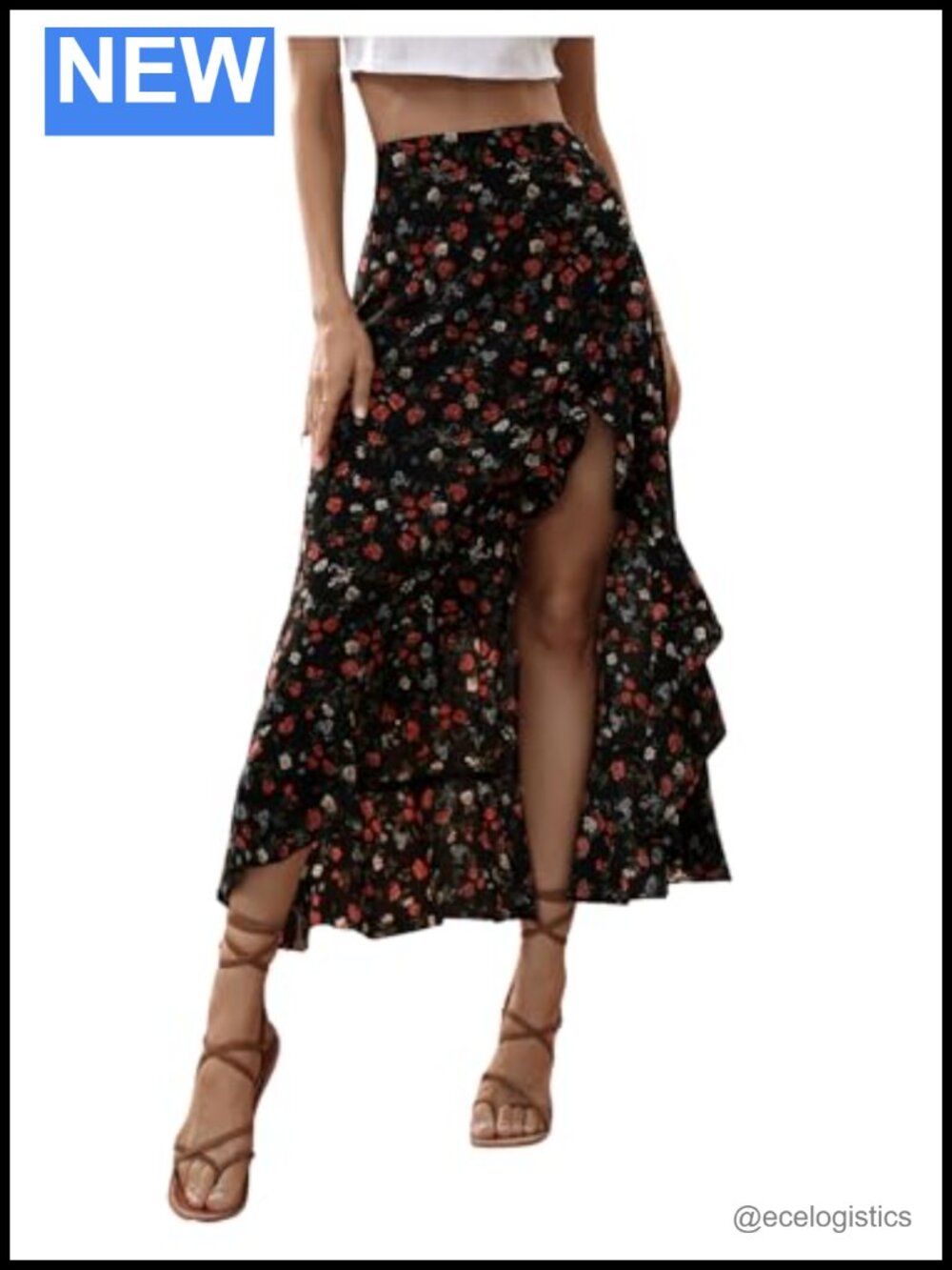 Boho Floral Floral Print Ruffle Maxi Skirt High Waisted Split Thigh